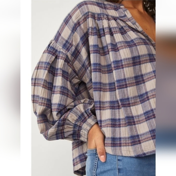 Free People We The Free Jessi Plaid Pleated Trapeze Top Balloon Sleeves Large - Picture 9 of 16